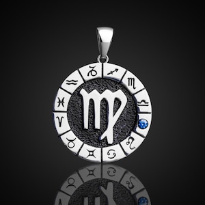 Srebrny wisiorek zodiakalny Panna, wisiorek z horoskopem Panny, wisiorek z kamieniem narodzin Panny, wisiorek zodiakalny unisex, unikalna biżuteria zodiakalna, prezent zodiakalny