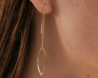 Threader Oval Earrings in 14k Solid Gold - 14k Real Gold Earrings - Chain Earrings - Long Earrings - Dangle Drop Earrings - Gift for Her