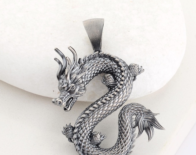 Featured listing image: Silver Dragon Pendant, Sterling Silver Dragon Necklace, Flying Dragon Necklace, Dragon Pendant, Fantasy Dragon Pendant, Gift for Boyfriend