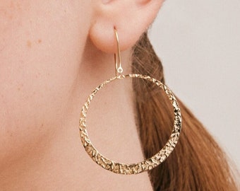 14k Solid Gold Textured Circle Earrings - Open Circle Earrings - Hammered Earrings - Dangle Drop Earrings - Hoop Earrings - Gift for Her