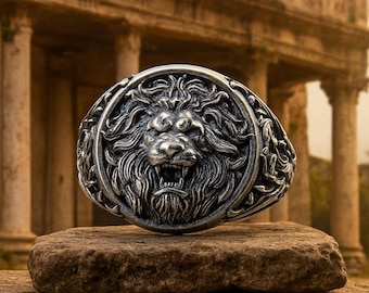 925 Sterling Silver Lion Heaf Ring: Silver Plated Bronze Lion Ring, Men's Lion Signet Ring