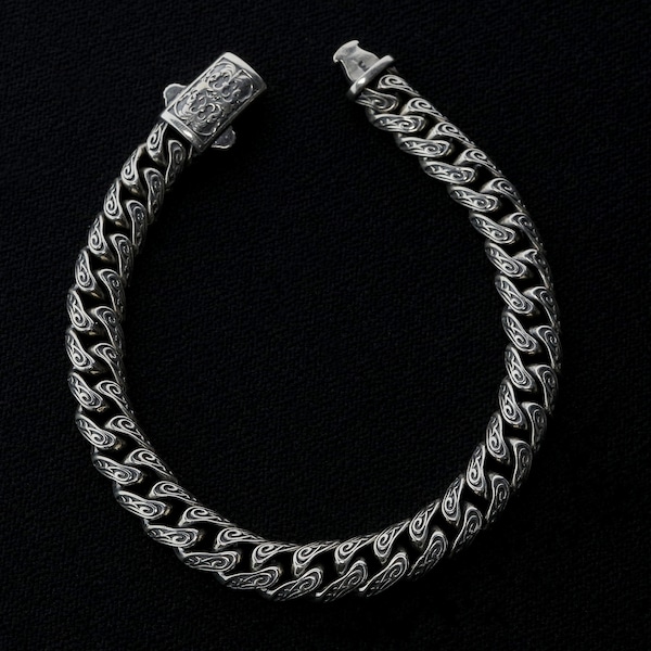 925 Sterling Silver Vintage Bracelet,Cuban Link Chain Bracelet,Mens embroidered bracelet,Handmade Silver Bracelet,Mens Bracelet,Gift for Him