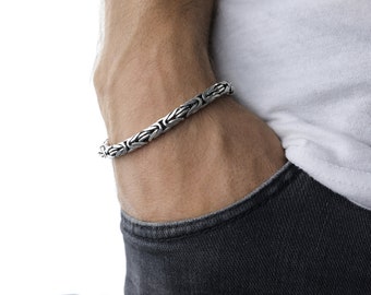 Pulsera de cadena de rey redonda de plata de ley 925, pulsera de hombres bizantinos, joyería de plata real hecha a mano, regalos para papás, regalo de cumpleaños para él