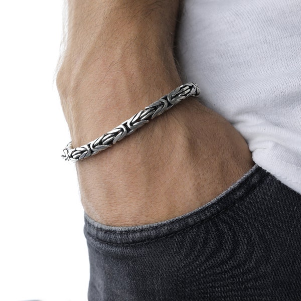 Pulsera de cadena de rey redonda de plata de ley 925, pulsera de hombres bizantinos, joyería de plata real hecha a mano, regalos para papás, regalo de cumpleaños para él