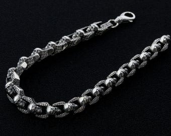 Pulsera de calavera bañada en plata de ley 925, pulsera de eslabones, pulsera hecha a mano, pulsera gótica de plata, pulsera para hombre, regalo de cumpleaños para él.