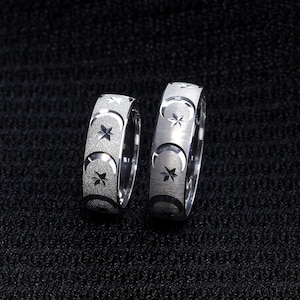 Moon and Star Engraved Sterling Silver Wedding Band Set