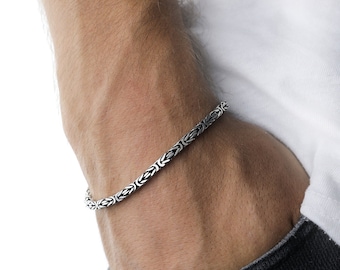 Pulsera de cadena rey de plata de ley 925, pulsera bizantina de plata real, cadena cuadrada hecha a mano, joyería minimalista para hombres, regalo para papá