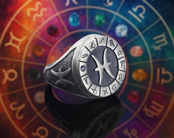 Sterling Silver Pisces Zodiac Ring: Pisces Zodiac Birth Stone Ring