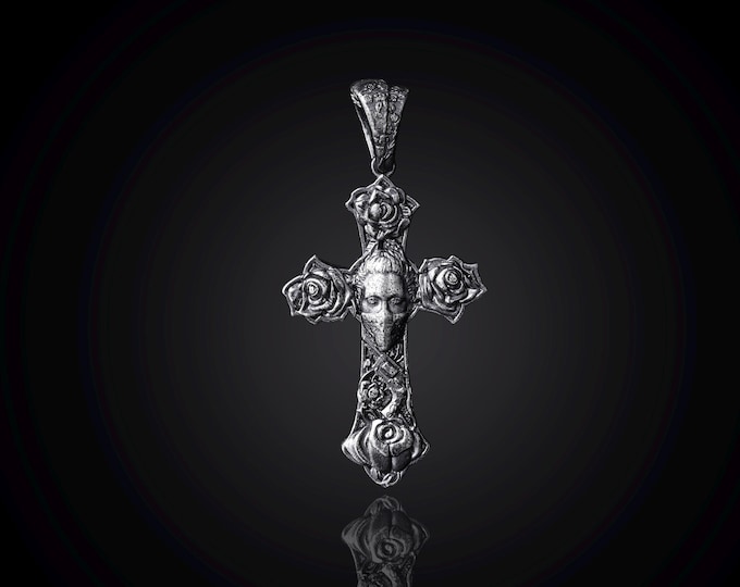 Featured listing image: 925 Sterling Silver Cross Pendant, Orthodox Cross Necklace, Rose Engraved Charm, Silver Religious Pendant, Engraved Christian Gift