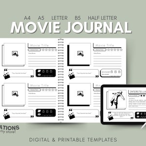 Plantilla de diario de películas Movie Tracker / Imprimible digitalmente para iPad GoodNotes, Notability / B5 A5 A4 Carta tamaño medio / Descarga instantánea en PDF