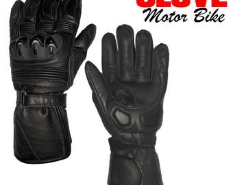Handcrafted Black Leather Biker Gloves: Padded Knuckle Motorcycle Gloves