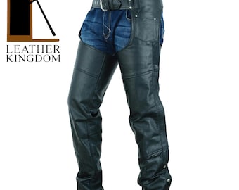 Custom Fit Black Leather Motorcycle Chaps, Fashion wear, Pure Leather, Gift
