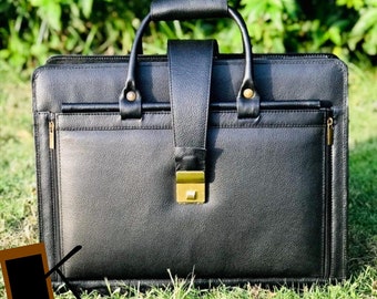 Handgemachte schwarze Ledertasche für Laptop, einzigartiges Geschenk, professionelle Tasche, Business-Reisetasche, ideal als Geschenk