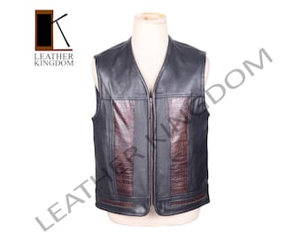 Leather Vest Men Black Brown, Crocodile Embossed Vest, Biker Vest, Motorcycle Vest, Sleeveless Leather Jacket, Zip Front