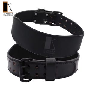 May include: Black leather weightlifting belt with a double prong buckle and a logo that says "Leather Kingdom".
