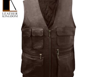 Handgefertigte Echtlederweste für Männer, Multi Pocket und Bikerweste, Jagdausrüstung, Geschenk.