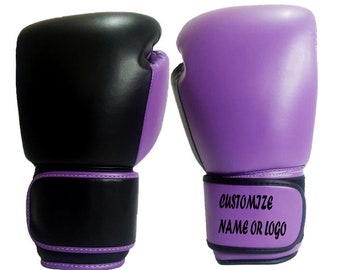 Personalized Black & Purple Leather Boxing Gloves, Kick Boxing Gloves, Sparring Gloves, Winning Gloves - Gift for Boxers and Boxing Lover