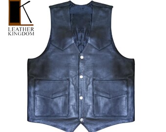 Customized Men’s Leather Vest | Distressed Black Sleeveless Jacket | Vintage Style Casual, Biker Vest.