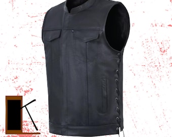 Handcrafted Black Leather Biker Vest: Side Laces, Punk Motorcycle Vest