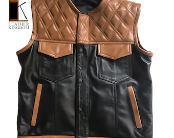 Handmade Black & Brown Leather Vest: Biker Fashion