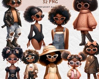 May include: A digital illustration set of 32 PNG images featuring Black women in various outfits and poses. The images have transparent backgrounds and are ideal for digital scrapbooking, graphic design, and other creative projects.