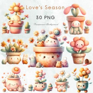 May include: 30 PNG images of cute cartoon flowers in pots with various expressions. The flowers are in different colors and have different designs. The text "Love's Season" and "30 PNG Transparent Background" is at the top of the image.