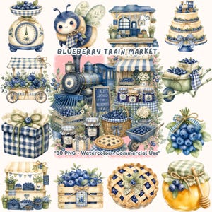 Peut inclure: Une collection numérique d'illustrations à l'aquarelle représentant des myrtilles, incluant un train, des étals de marché, un gâteau à étages, une abeille, des cadeaux, des pots de confiture, une tarte et des caisses. Le texte indique BLUEBERRY TRAIN MARKET, ALL ABOARD FOR BLUEBERRIES et 30 PNG Watercolor Commercial Use.