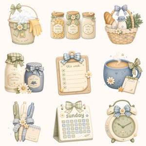 May include: A collection of digital illustrations featuring household items including a cleaning bucket, glass pantry jars labeled pasta, oats, and rice, a picnic basket, milk and jam jars, a clipboard with this week text, a mug, pens, a calendar, and an alarm clock.