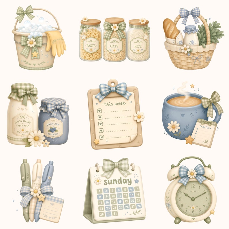 May include: A collection of digital illustrations featuring household items including a cleaning bucket, glass pantry jars labeled pasta, oats, and rice, a picnic basket, milk and jam jars, a clipboard with this week text, a mug, pens, a calendar, and an alarm clock.