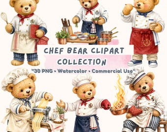 30 imágenes prediseñadas PNG de osos chefs / Oso de peluche cocinando en acuarela / Ilustración de chef adorable / Decoración de cocina de restaurante / Descarga digital