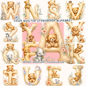 May include: Watercolor alphabet letters with teddy bears, flowers, and animal illustrations. The letters are beige with a quilted texture, and the background is pink. Text on the image reads "COZY QUILTED STORYBOOK ALPHABET" and "30 PNG. Watercolor. Commercial Use."