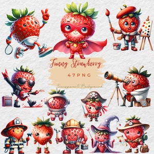 Watercolor Strawberry Clipart, strawberry funny, Cute Strawberry Clipart, strawberries clipart, Strawberry character PNG, Sublimation,