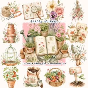 Puede incluir: Una colección de ilustraciones en acuarela con herramientas de jardinería, plantas en macetas, diarios abiertos, paquetes de semillas y verduras. El texto central dice GARDEN JOURNAL y 30 PNG Watercolor Commercial Use, mostrando elementos botánicos.