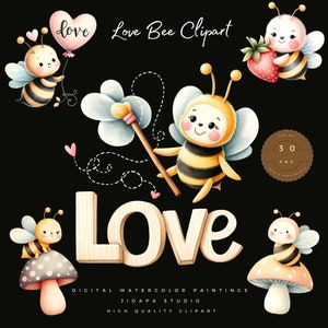 Watercolor Bees Clipart png, Love bee clipart, cute bee png, Valentine&#39;s Day clipart, Digital Download, Valentine Bee, cute valentine