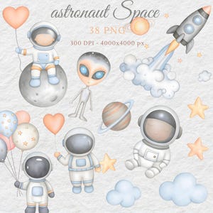 Imágenes prediseñadas del espacio en acuarela, astronauta lindo, astronauta y espacio, imágenes prediseñadas de planetas, cohetes PNG, decoración de guardería, impresión digital espacial, descarga