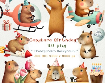 May include: A set of 40 digital illustrations featuring cute capybaras in various birthday-themed scenes. The capybaras are wearing party hats, riding in a helicopter, holding balloons, and more. The illustrations are perfect for creating birthday cards, invitations, and other party decorations.