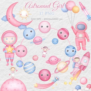 Paquete de arte de niñas astronautas / Ilustraciones espaciales inspiradoras para niños / Lindas astronautas, planetas, cohetes y estrellas, decoración de guardería