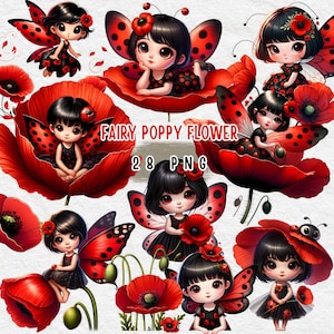 rote Fee, Mohnblume, süße Prinzessin, rote Feenflügel, niedliche Prinzessin Clipart, Baby-Prinzessin, süße Prinzessin Clipart, Fee