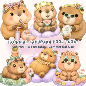Op de afbeelding: Waterverfillustratie met zes capibara's met zwembanden en tropische accessoires. De capibara's dragen bloemenkransen, zonnebrillen en bloemenkransen. De afbeelding bevat de tekst "Tropical Capybara Pool Float".