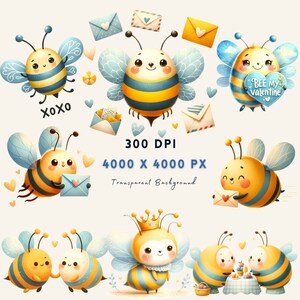 May include: A set of nine digital illustrations featuring cute cartoon bees with different expressions and holding various Valentine's Day themed items, such as hearts, envelopes, and a sign that says "Bee My Valentine".