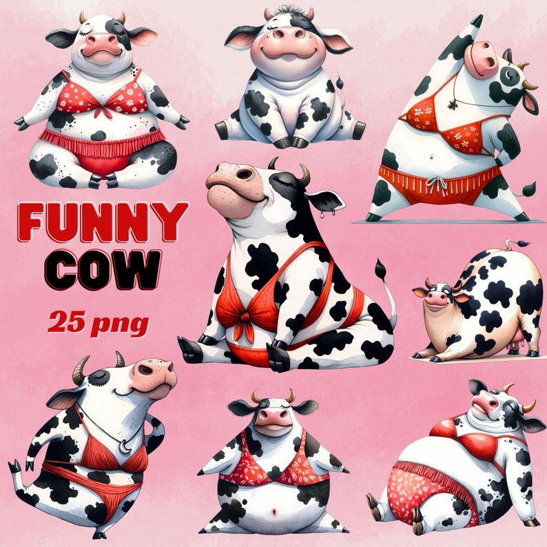 May include: A set of 25 digital illustrations of funny cows wearing red and white bikinis. The cows are in various poses, including sitting, standing, and stretching. The text "FUNNY COW" and "25 png" is displayed on a pink background.