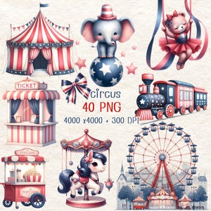 Watercolor Circus Clipart PNG,Circus Tent, Nursery Decor Circus Party, Animals Clipart, Carnival Clipart, Watercolor Carousel Circus Sticker