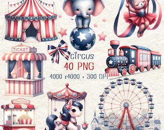 Watercolor Circus Clipart: Carnival Animals, Tent, Carousel (PNG)