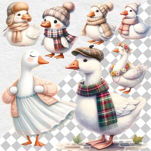 May include: A set of nine adorable cartoon geese wearing various winter outfits. The geese are white with orange beaks and feet. They are wearing hats, scarves, and sweaters. Some of the geese are wearing flowers around their necks.