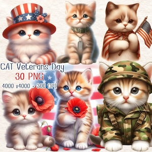 Ensemble de cliparts chat vétérans, clipart chat patriotique, clipart fête des anciens combattants, décoration fête des anciens combattants, décoration fête patriotique, chat militaire PNG