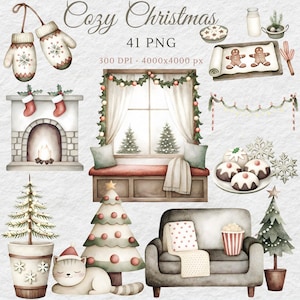Kerst gezellige clipartbundel | Warme feestelijke vakantie-illustraties | Warme cacao, truien, kaarsen Winterdecor voor kaarten en knutselen