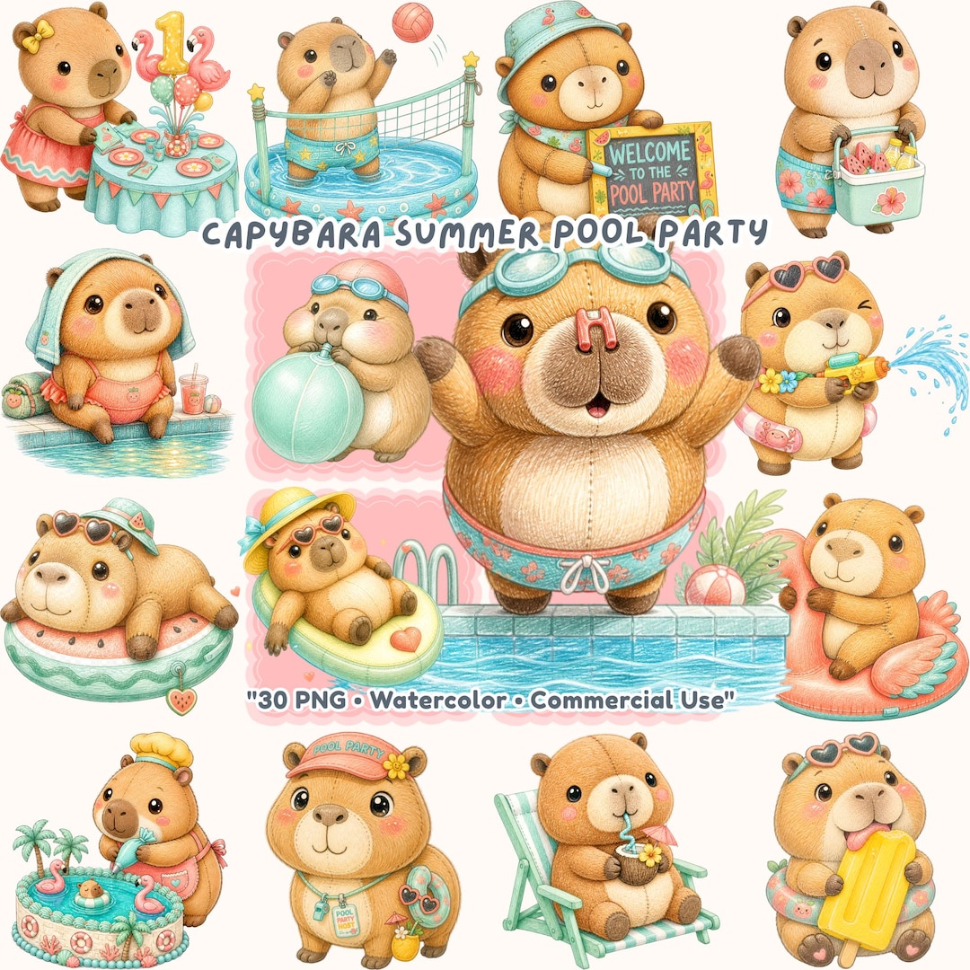 30 Capybara Pool Party Clipart, Summer Beach Floaties PNG, Aqua Blue ...