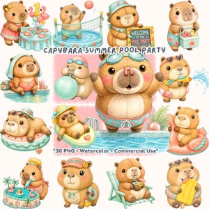 May include: Watercolor illustrations of capybaras enjoying a summer pool party. The capybaras are depicted in various scenes, including swimming, sunbathing, and playing with pool toys. The text "CAPYBARA SUMMER POOL PARTY" is displayed. The image also includes the text "30 PNG • Watercolor • Commercial Use."