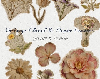 Vintage Floral Stickers: Antique Paper Ephemera, Junk Journaling (PNG Files)