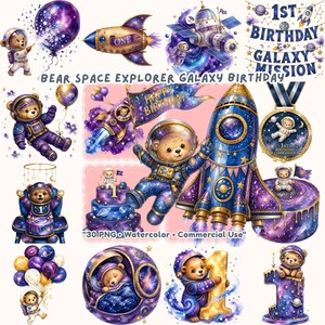 Może przedstawiać: Zbiór akwarelowych ilustracji z motywem misia astronauty. Obrazy zawierają rakiety, planety, stację kosmiczną i elementy związane z urodzinami. Paleta kolorów zdominowana jest przez błękity, fiolety i złoto, z tekstem "1st Birthday Galaxy Mission" i "Happy Birthday".